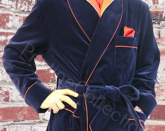 Mens Navy Blue Velvet Robe: Luxury English Style Smoking Jacket