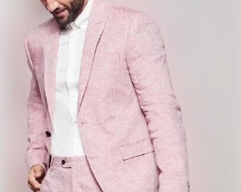 Terno masculino rosa de linho, modelo de duas peças com um botão, ideal para casamento no verão.