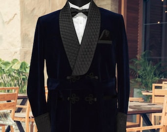 Blue Velvet Smoking Jacket: Quilted Lapel, Frog Closure