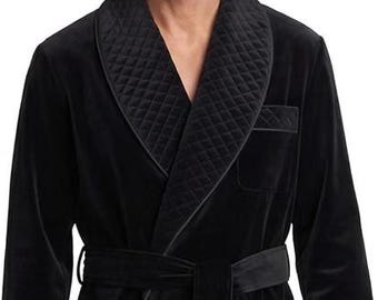 Men’s Black Velvet Robe, Elegant Men’s Loungewear, Evening Wear Long Quilted Coat Gift for Him