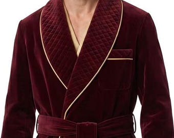 Men’s Burgundy Velvet Robe, Elegant Men’s Loungewear, Evening Wear Long Quilted Coat Gift for Him