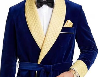 Luxury Shawl Collar Dressing Gown, Men’s Royal Blue Velvet Robe, Elegant Men’s Loungewear, Groom Wedding Robe, Gift for Him