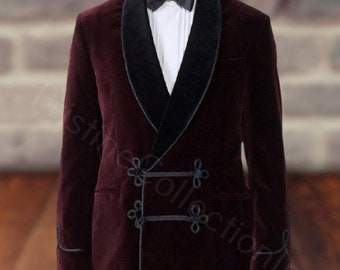 Mens Velvet Smoking Jacket, Double Breasted Shawl Lapel Blazer