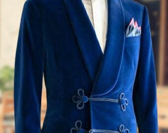 Men's Royal Blue Velvet Smoking Jacket: Shawl Lapel, Frog Button Robe