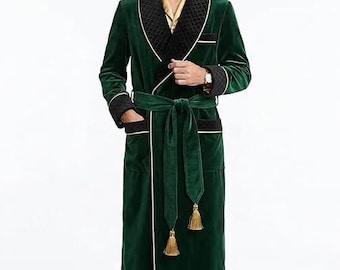 Men’s Emerald Green Velvet Robe, Luxury Shawl Collar Dressing Gown, Elegant Men’s Loungewear, Groom Wedding Robe, Gift for Him