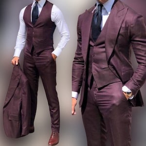 Men Suits 3 Piece Formal Fashion Slim Fit Suit, Wine Wedding One Button ...