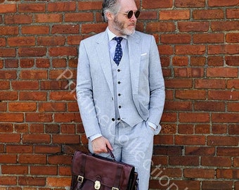 Men's Blue Linen 3-Piece Suit, Two Button, Summer Wedding