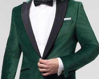 Blazer de terciopelo verde para hombre, solapa de satén negro, chaqueta de fiesta