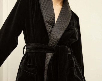Womens Black Velvet Smoking Jacket Robe: Quilted Lapel, Satin Lined