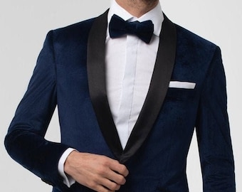 Blazer da uomo in velluto blu, revers in raso nero, giacca da sera