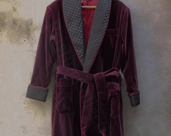 Men's Wine Velvet Dressing Gown: Quilted Silk Shawl Collar Robe