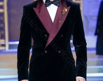 Men's Black Velvet Double Breasted Blazer, Peaked Lapel Jacket