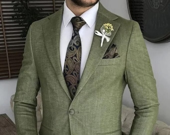 Herren Grüner Leinenanzug, Slim Fit 2-Teiler Hochzeitsanzug