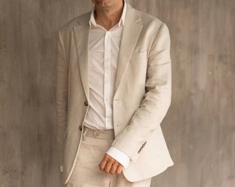 Traje de dos piezas de lino beige para hombre, para cena de boda