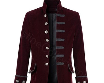 Mens Maroon Velvet Long Jacket, Halloween Party Coat