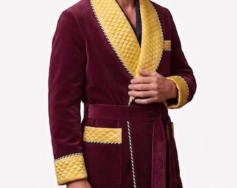 Men’s Maroon Velvet Smoking Jacket, Quilted Lapel Cuff Coats