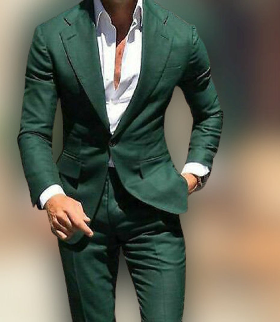 Men Suits Green 2 Piece Formal Fashion Wedding Suit Groom Wear Slim Fit