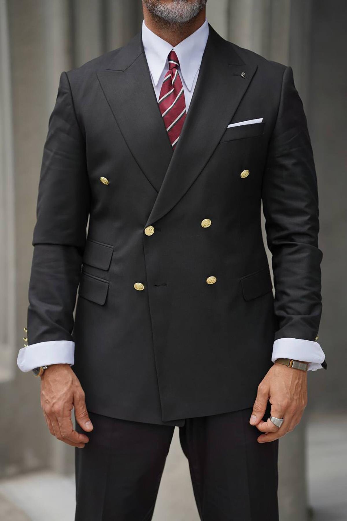 しん まとめ売り割引あり ブラックダブルブレストスーツ薄手 セット美品 男性用ダブルブレスト ブラック 2 ピース スーツ。結婚式、ディナー