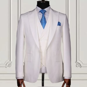 BASEPOKE Tuxedo Dinner Party Wear Suits Men&#39;s White Slim Fit Three Piece Suits Groomsmen Wedding Wear Suit Coat Pant Vest Suits For Mens
