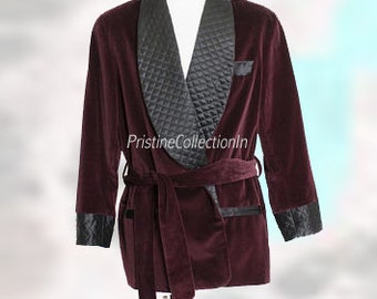 Wine Velvet Smoking Jacket: Quilted Lapel Evening Robe