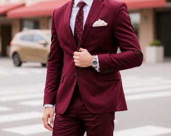 Burgundy Two-Piece Suit – Tailored Fit, Boho Groom Wedding