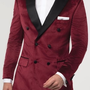Men&#39;s Double Breasted Jacket Party  Wear Jacket Coat Burgundy Velvet Jacket Dinner Party Wear Blazer