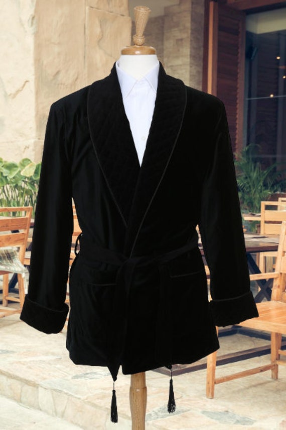 Men's Black Velvet Quilted Smoking Jacket: Vintage Style - Etsy