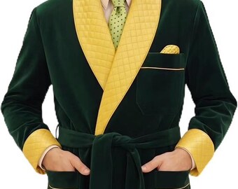 Men’s Green Velvet Smoking Jacket, Quilted Lapel Cuff Coats