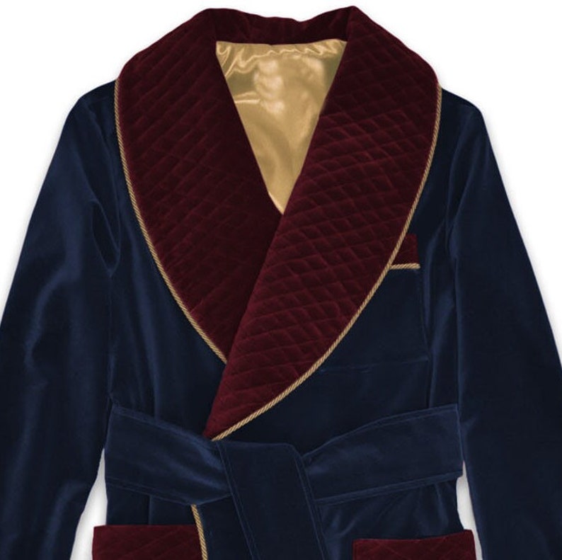 Mens Velvet Dressing Gown Smoking Jacket Blue Quilted Silk Etsy