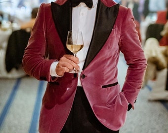 Men's Pink Velvet Tuxedo Blazer, One-Button Peak Lapel