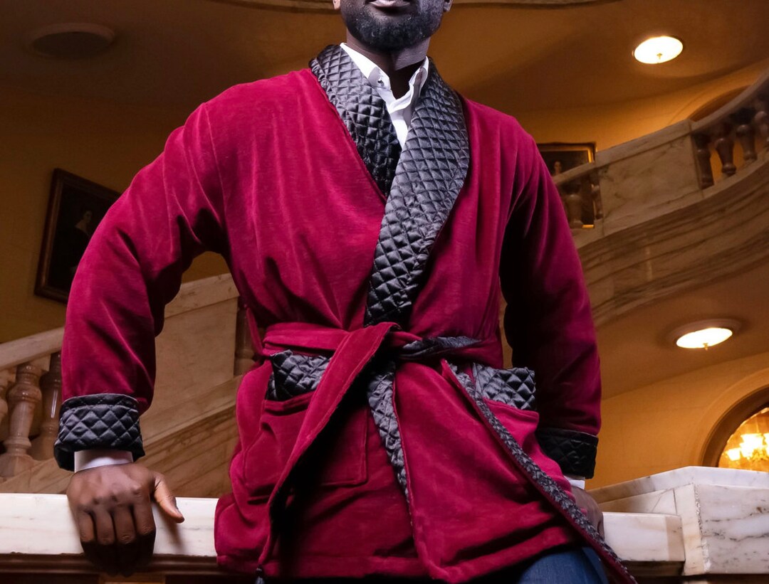 Mens Maroon Velvet Fine Silk Quilted Dressing Gown Robes Warm Luxury ...