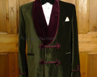 Mens Green Velvet Smoking Jacket: Burgundy Lapel, Double Breasted