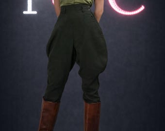 Pantalones de montar ingleses vintage para mujer, color verde, de algodón, estilo pirata, años 30.
