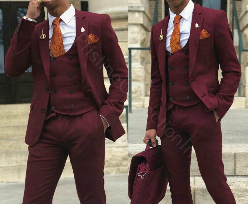 Men's Maroon Linen Suit Three Peace Suits Christmas Party | Etsy