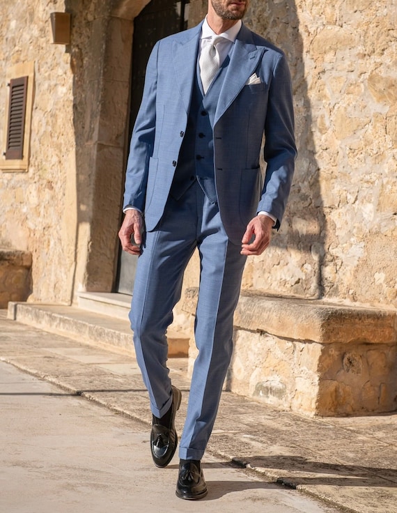 メンズ ウェディングウェアスーツ ライトブルー 新郎用スーツ