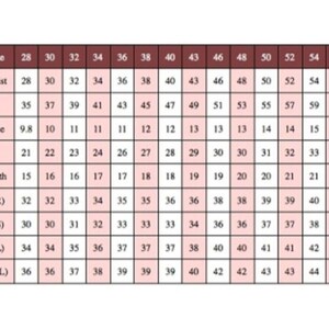 May include: A chart showing pants sizes and corresponding measurements for waist, hips, front rise, thigh, hem width, and inseam in inches.
