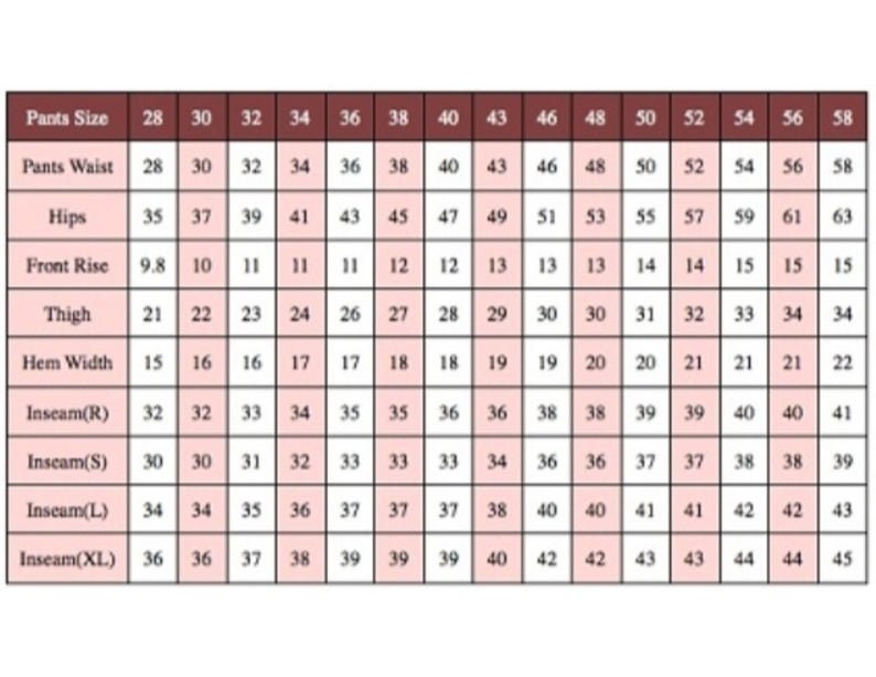May include: A chart showing pants sizes and corresponding measurements for waist, hips, front rise, thigh, hem width, and inseam in inches.