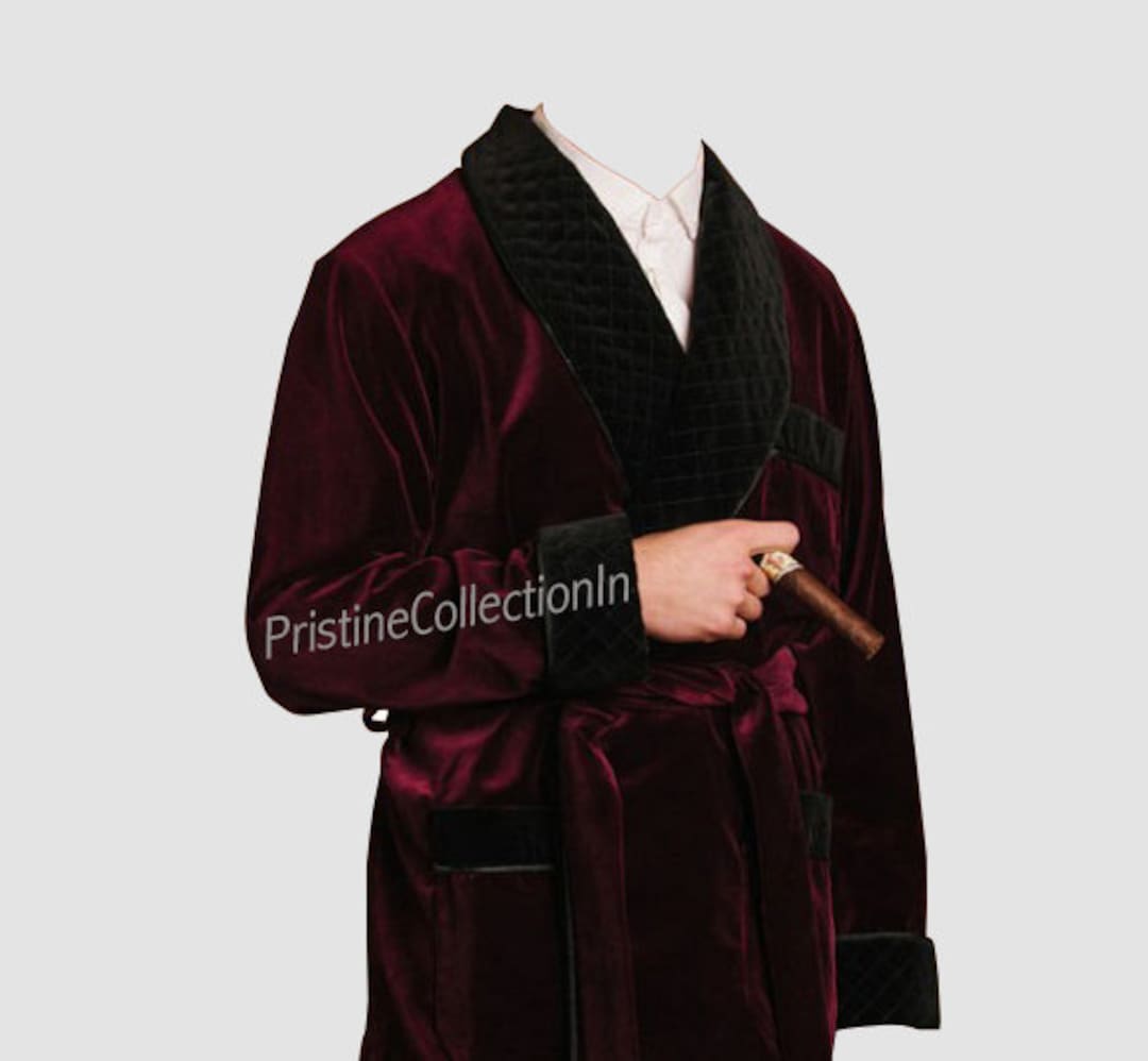 Men's Maroon Velvet Smoking Jackets Quilted Smoking Robes Coat Evening