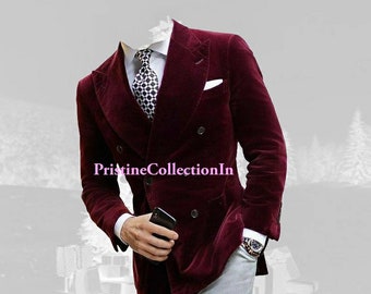 Men's Burgundy Velvet Blazers Double Breasted Jackets Groomsmen Wedding Party Wear Burgundy Jackets Coat Blazers