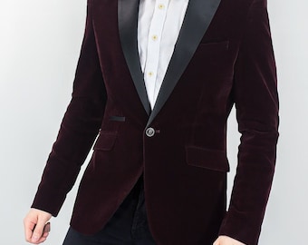 Men's Maroon Velvet Peak Lapel Blazer, Host Dinner Party Jacket