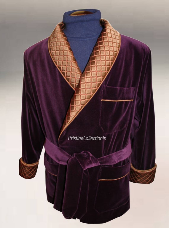 Men Quilted Robes Smoking Jackets Purple Velvet Smoking Jackets
