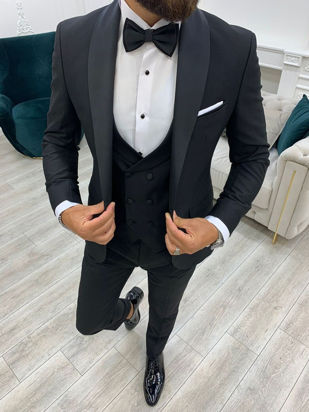 FZ EDLER DESIGNER SMOKING HERREN ANZUG TAILLIERT SET PASSENDEM HEMD
