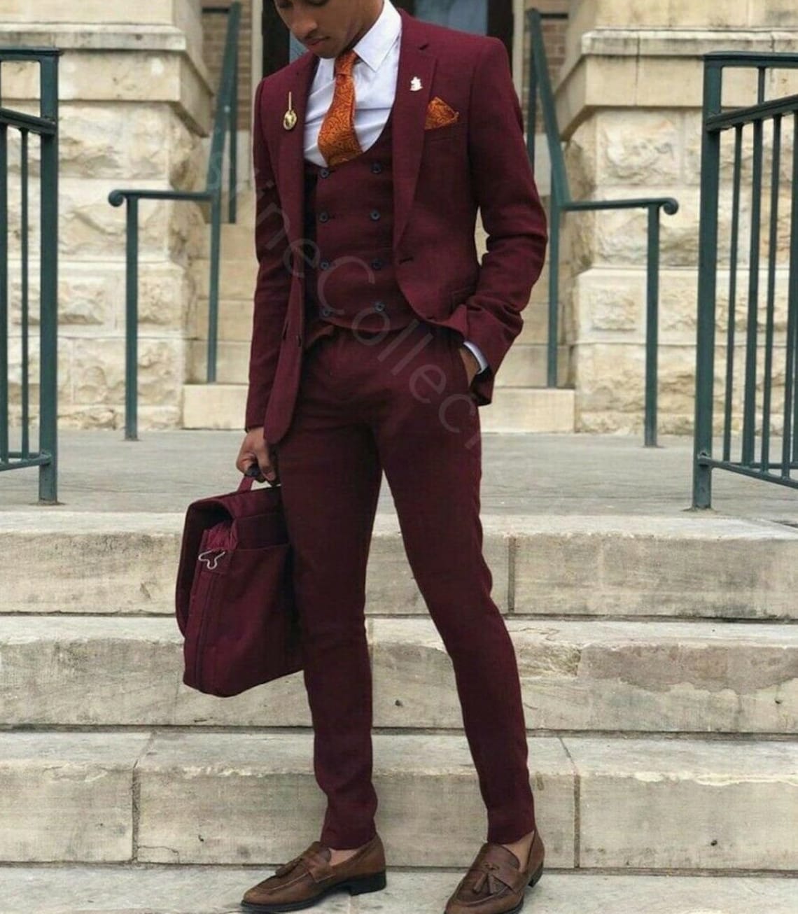 Mens Slim Fit Vested Suit Burgundy main image 1