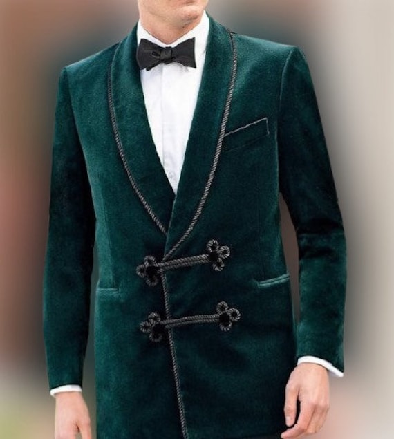 Mens Smoking Jacket Double Breasted Wedding Party Wear Green Velvet Blazer  Coat