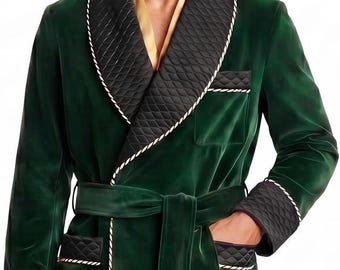 Men’s Green Velvet Smoking Jacket, Tassel  Quilted Lapel Cuff Coats