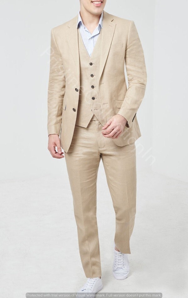Mens Beige Linen Suits Three Peace Tuxedo Suits Christmas Etsy