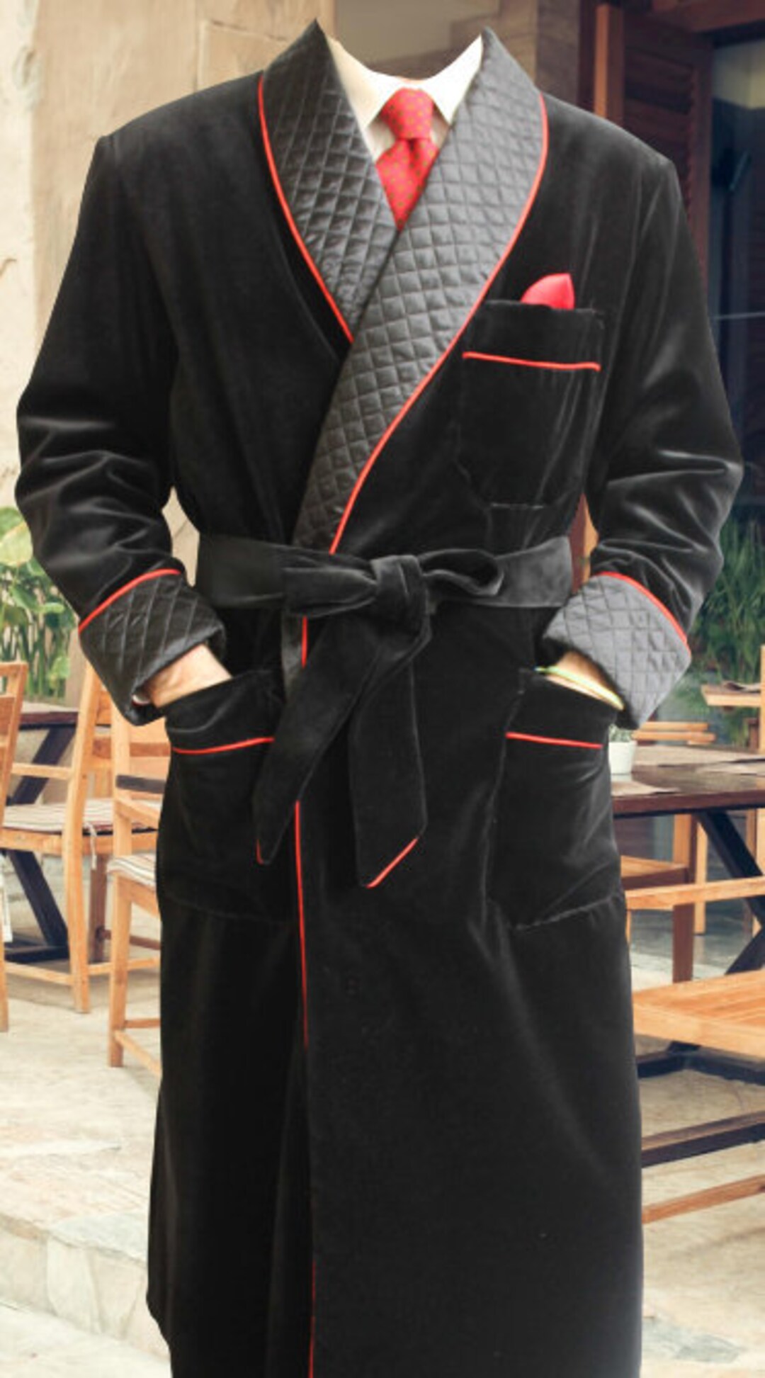 Mens Elegant Black Smoking Jacket Evening Wear Black Gown Quilted Lapel ...