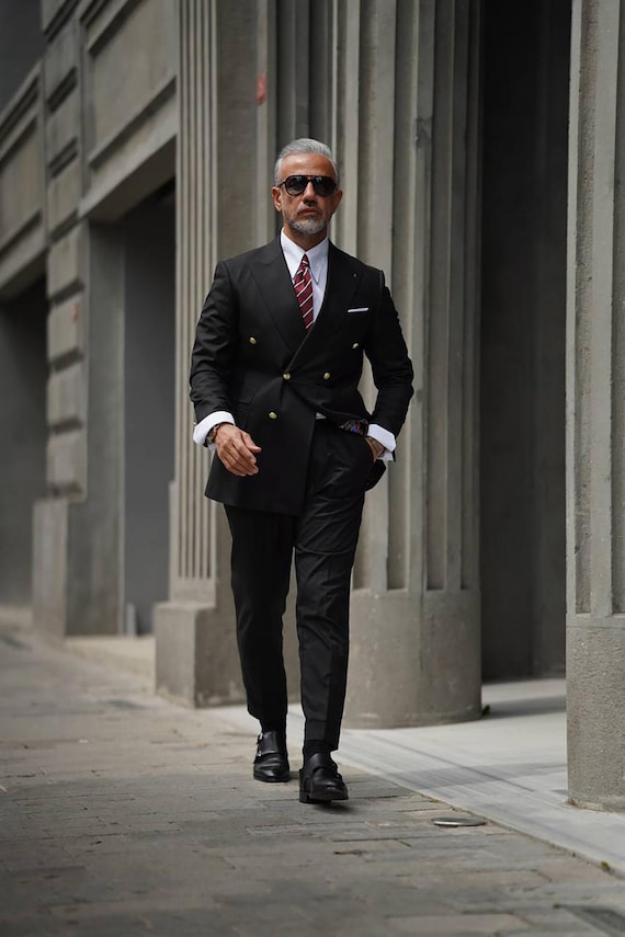 男性用ダブルブレスト ブラック 2 ピース スーツ。結婚式、ディナー