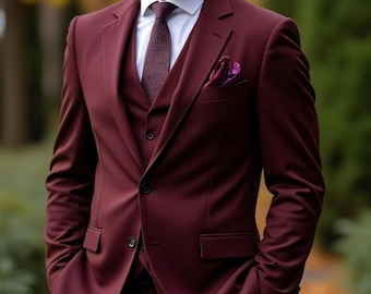 Burgundy 3 Piece Suit, Wedding Party Dinner Suit