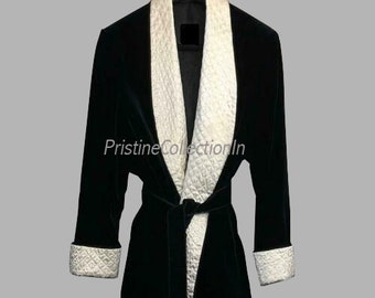 Men's Black Velvet Smoking Jacket: Vintage Quilted Lapel Robe